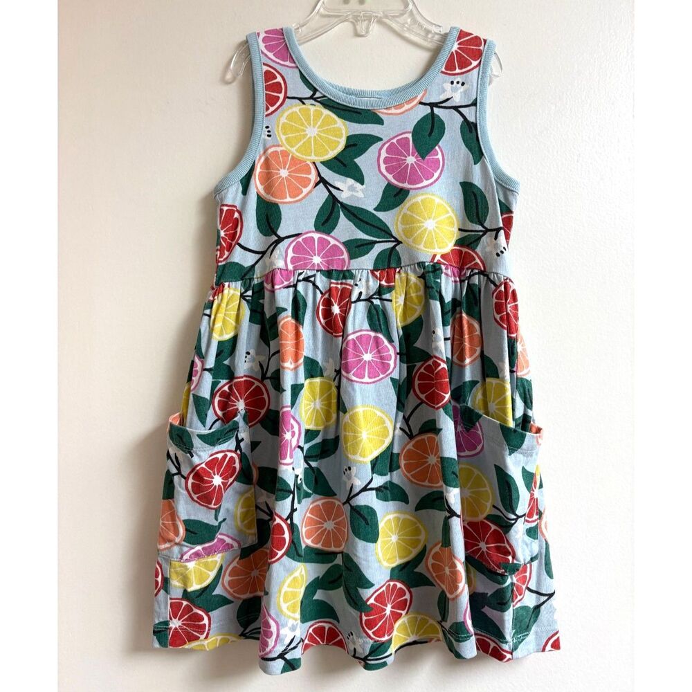 Hanna Andersson Blue Citrus Fruit Dress Kids 100% Cotton Pocket Skater 110cm 5 5 - Picture 1 of 7